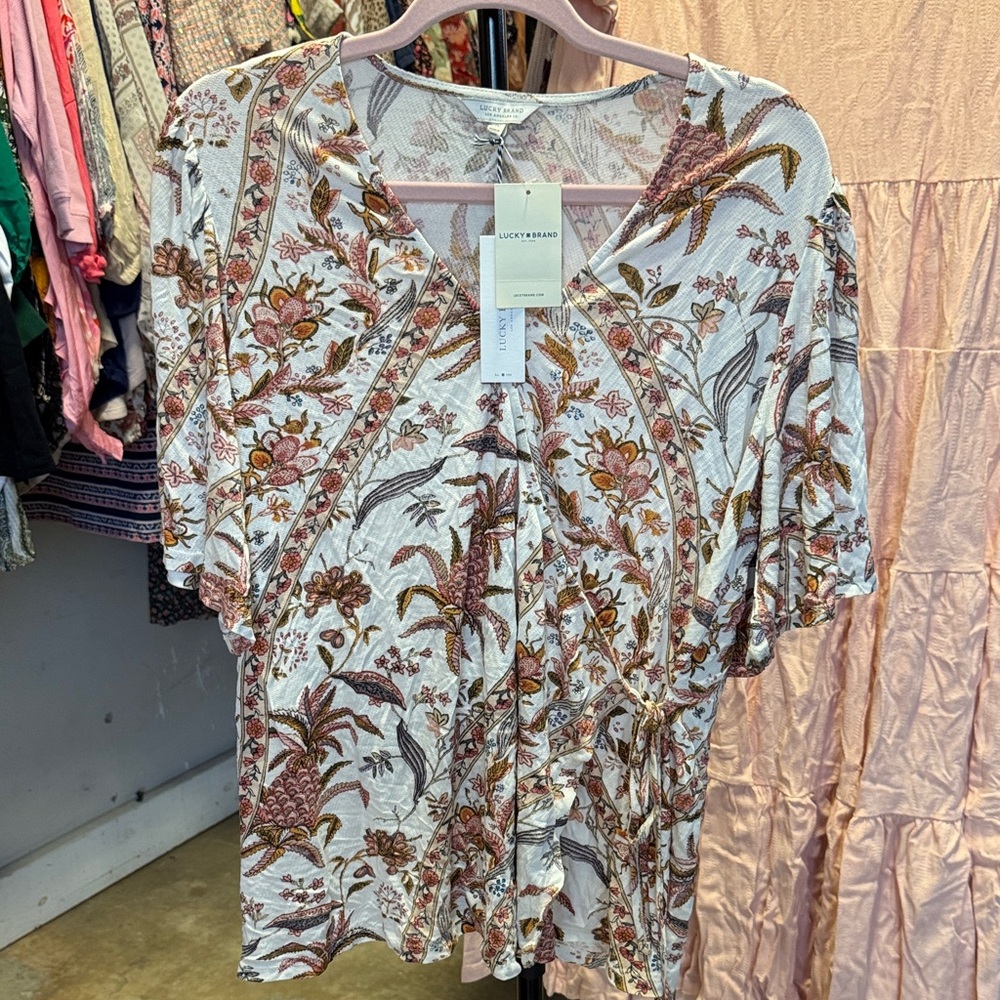 Lucky Brand Women's Floral Blouse - Cream and Brown